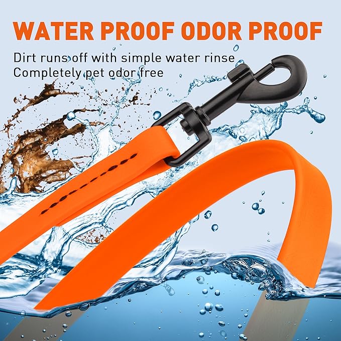 Dogline Biothane Waterproof Dog Leash Strong Coated Nylon Webbing with Black Hardware Odor-Proof Easy to Clean High Performance for Small or Large Dogs Made in USA 4 or 6 ft Lead, Hunter Orange