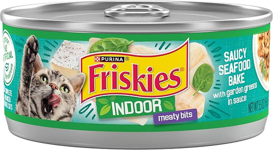 Purina Friskies Indoor Cat Food Meaty Bits Saucy Seafood Bake With Garden Greens in Sauce - (Pack of 24) 5.5 oz. Cans