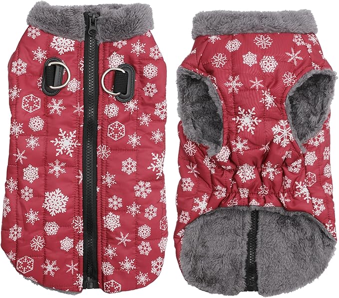 Warm Fleece Dog Coats with Durable Harness Buitl in D-Ring,Waterproof Puppy Jacket for Small Dogs,Dog Vest for Cold Winter,Red,Snow Pattern M