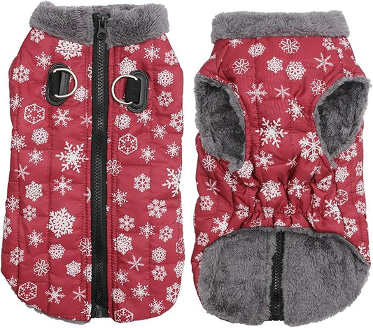 Warm Fleece Dog Coats with Durable Harness Buitl in D-Ring,Waterproof Doggie Jacket for Medium Dogs,Dog Vest for Cold Winter,Red,Snow Pattern XL