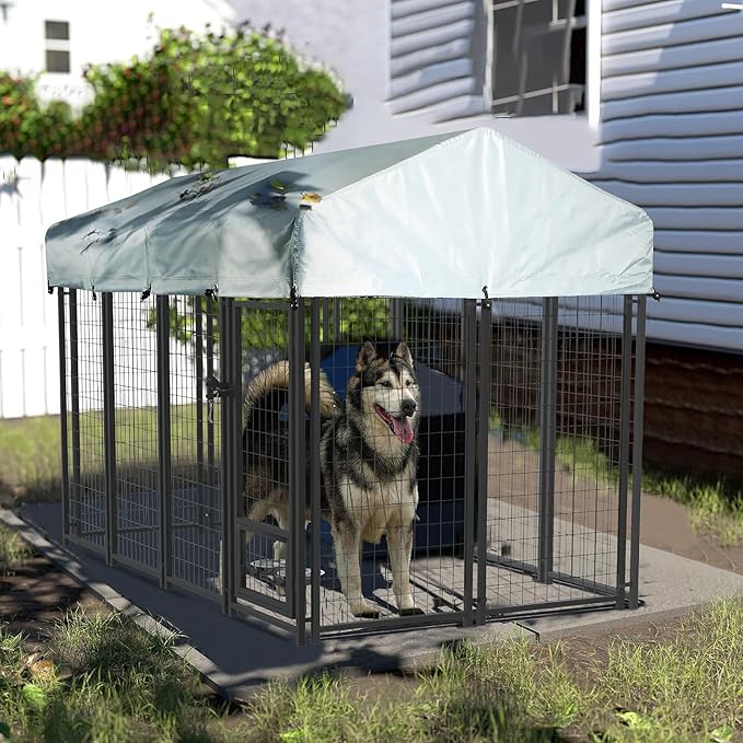 LEMBERI 8x4x4 Outside Dog Kennel with Roof for Large Dogs,Heavy Duty Welded Wire Steel Dog Playpen Fence with Secure Lock, Pet Pen with UV-Resistant Waterproof Cover (93.1''L x 50.4''W x 56.6'H)