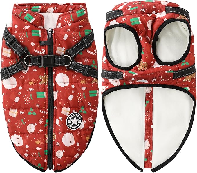 Aiboria Dog Jacket Windproof Fleece Dog Sweater with Padded Vest Chest Strap Harness Dogs Coat Christmas Red 4XL
