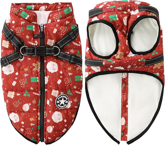 Aiboria Dog Jacket Windproof Fleece Dog Sweater with Padded Vest Chest Strap Harness Dogs Coat Christmas Red 4XL