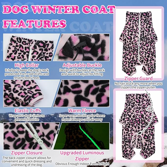 ROZKITCH Fleece Small Dog Pajamas, Pet Windproof Warm Cold Weather Jacket Vest with Luminous Zipper, Jumpsuit Apparel Outfit Clothes for Small Medium Large Dog L-Pink XS