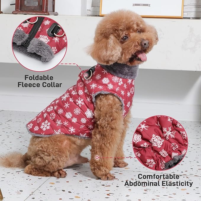 Warm Fleece Dog Coats with Durable Harness Buitl in D-Ring,Waterproof Doggie Jacket for Medium Dogs,Dog Vest for Cold Winter,Red,Snow Pattern XL