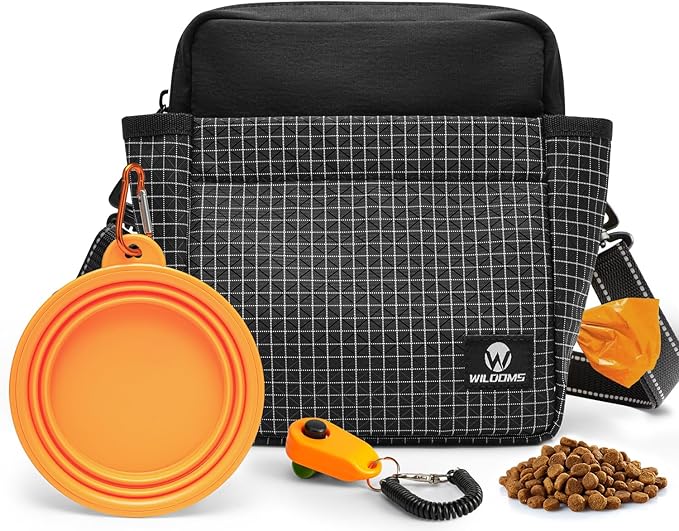Large Capacity Dog Treat Pouch –Training Treat Bag with Magnetic Pocket, Built-in Poop Bag Holder, Clicker & Collapsible Bowl, Dog Walking Bag for Pet Training – Black
