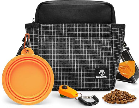 Large Capacity Dog Treat Pouch –Training Treat Bag with Magnetic Pocket, Built-in Poop Bag Holder, Clicker & Collapsible Bowl, Dog Walking Bag for Pet Training – Black