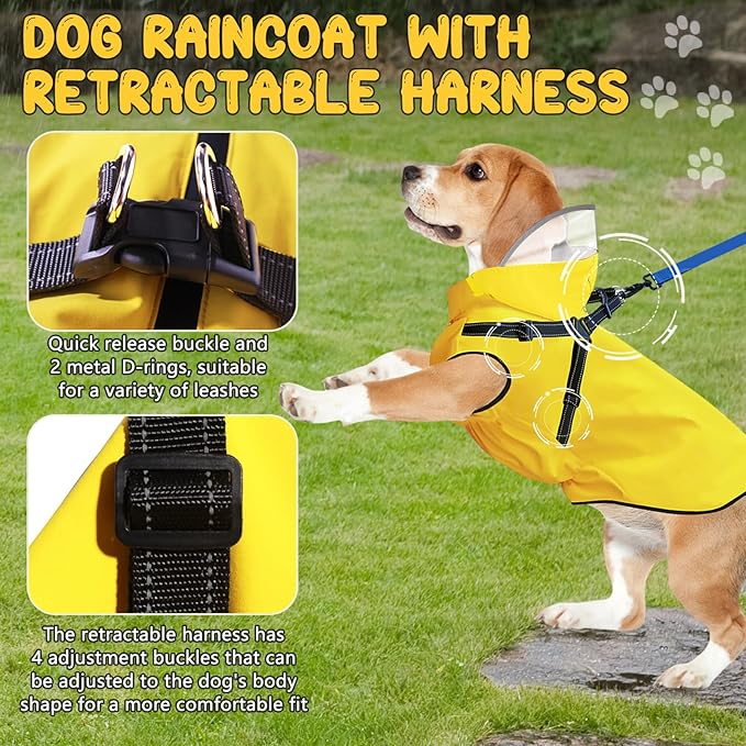 Dog Raincoat: Dog Rain Jacket with Reflective Harness & Removable Hood | Waterproof Dogs Rain Coat Poncho for Large Medium Small Dogs Puppies (Yellow - M)