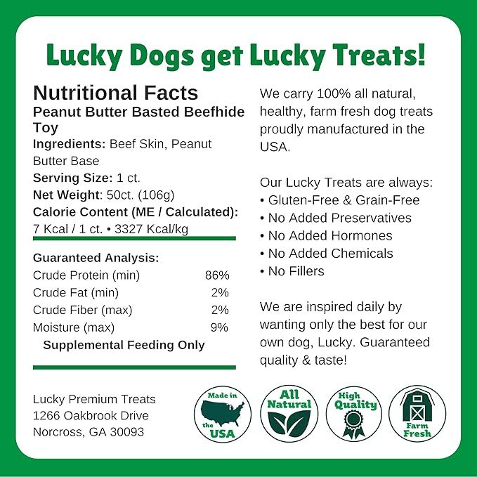 Lucky Premium Treats Peanut Butter Basted Rawhide – All-Natural Rawhide and Peanut Butter Dog Treats for Extra Small Dogs, Gluten Free Premium Toy Breed Dog Treats (50 Chews)