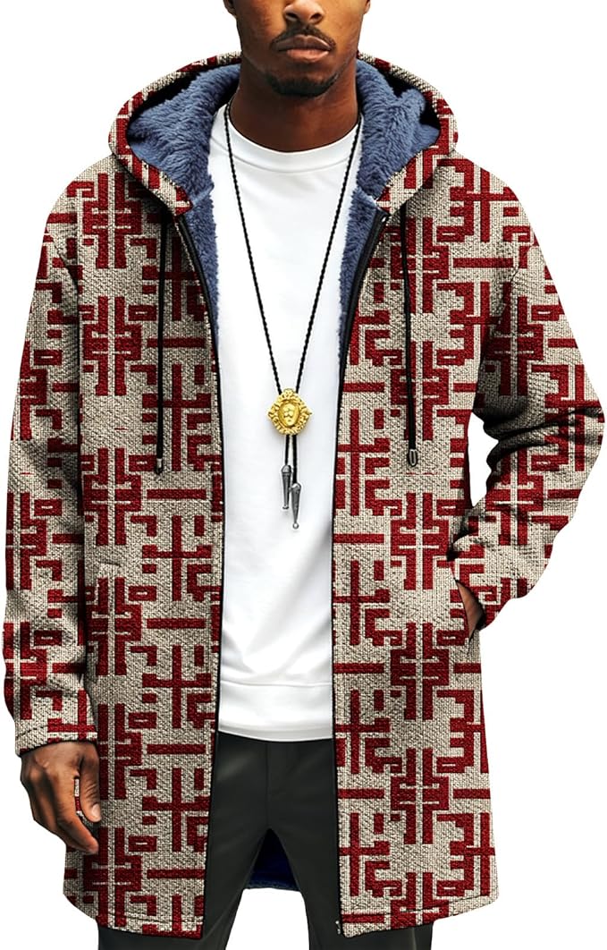 Mens Long Cardigan Hoodies Full Zip Fleece Lined Jackets Fashion Knitted Color Block Hooded Coat with Pockets