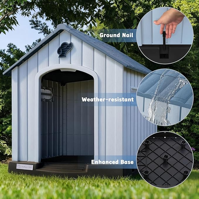 PUKAMI Large Dog House Outdoor Indoor, Plastic Dog House Weatherproof for Large Dogs, Study Puppy Shelter with Air Vents and Elevated Floor, Easy Clean and Assemble (Blue, 31.5"D x 33.5"W x 33.9"H)