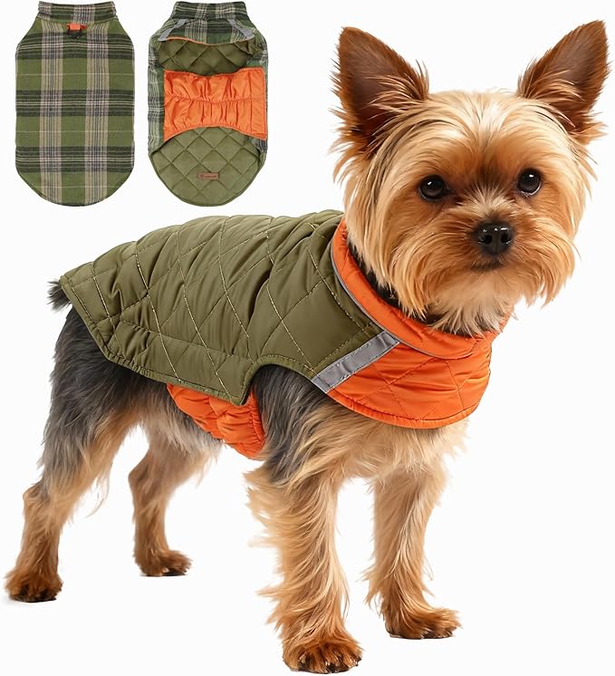Quilted Dog Winter Coat, Plaid Lined Reversible Vest, Reflective Safety Strip, Cold Weather Pet Apparel Army Green S