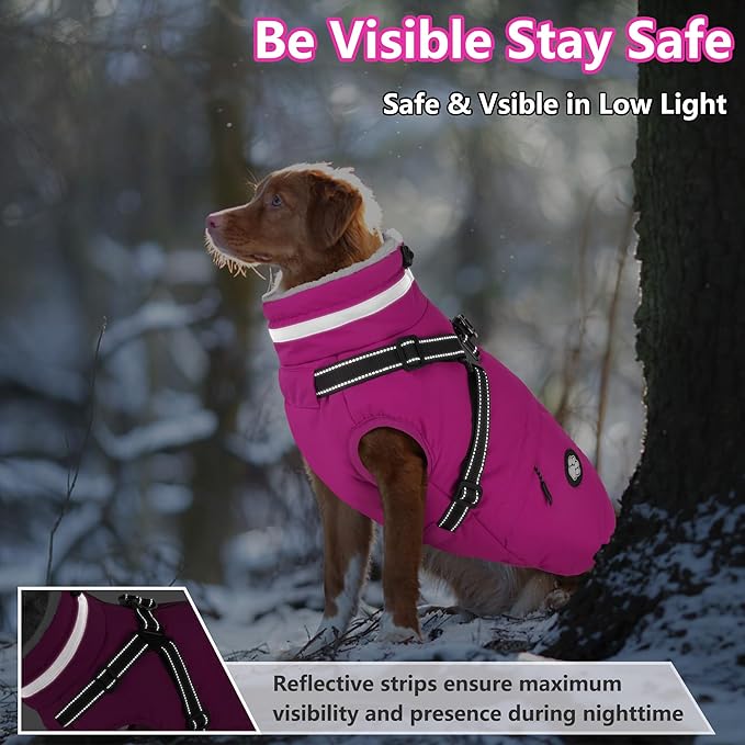 Dogcheer Dog Coat with Harness, Waterproof Dog Jacket Christmas Pet Winter Coat with Pockets, Reflective Doggy Turtleneck Fleece Jacket for Small Medium Large Dogs - Pink, S