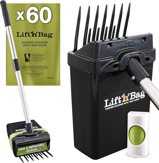 Neater Pet Brands Lift N’ Bag 2.0 Dog Pooper Scooper with Bag Attachment & 27" Pole for Small to Large Dogs, New & Improved Design, 60 Refill Bags, Heavy Duty Dog Poop Scooper for Yard, One-Hand Use