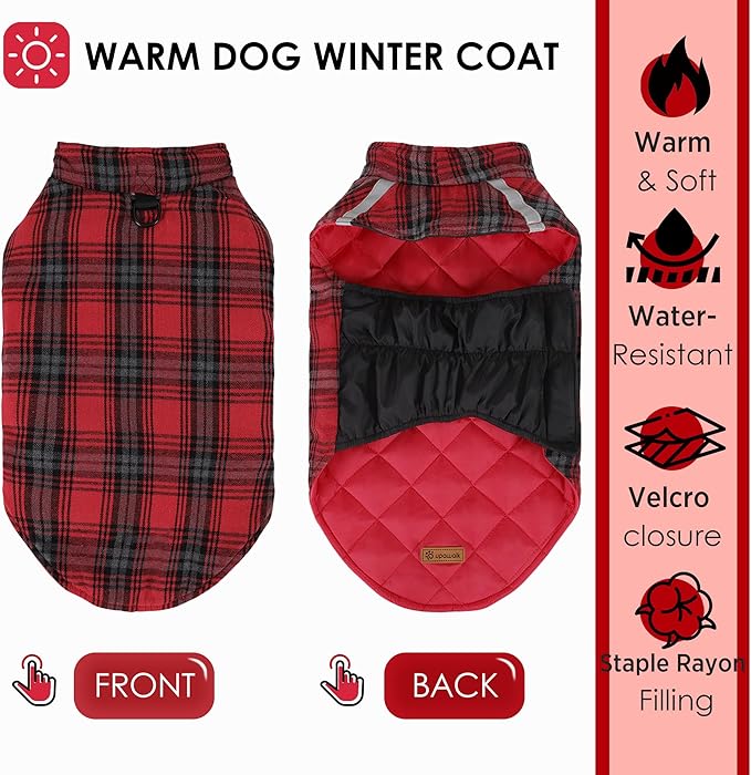 Quilted Dog Winter Coat, Plaid Lined Reversible Vest, Reflective Safety Strip, Cold Weather Pet Apparel Red S