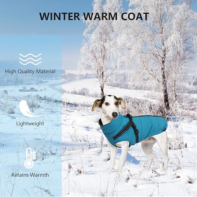 Geyecete Winter Warm Coat Waterproof Dog Winter Jacket with Harness Traction Belt,Pet Outdoor Jacket Dog Autumn and Winter Clothes for Medium, Small Dog-Blue-S