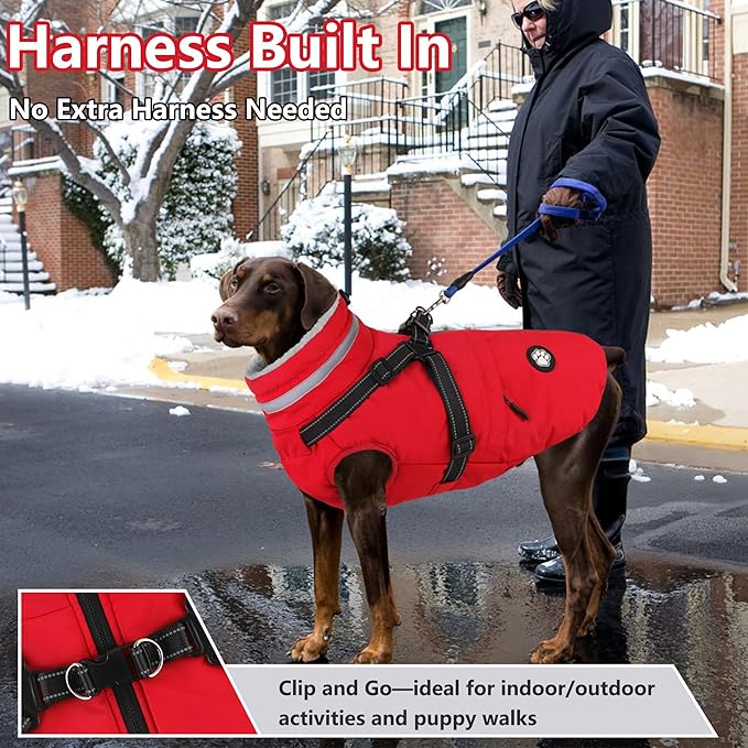 Dogcheer Dog Coat with Harness, Waterproof Dog Jacket, Christmas Puppy Winter Coat with Pocket, Reflective Doggy Turtleneck Puffer Vest for Small Medium Large Dogs - Red, XL