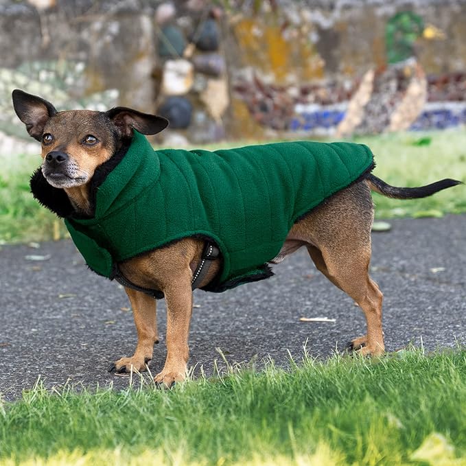 Furhaven Reversible XS Dog Coat, Washable & Insulating w/ Leash Access - Faux Fur & Quilted Fleece Flex-Fit Jacket - Black/Green, Extra Small