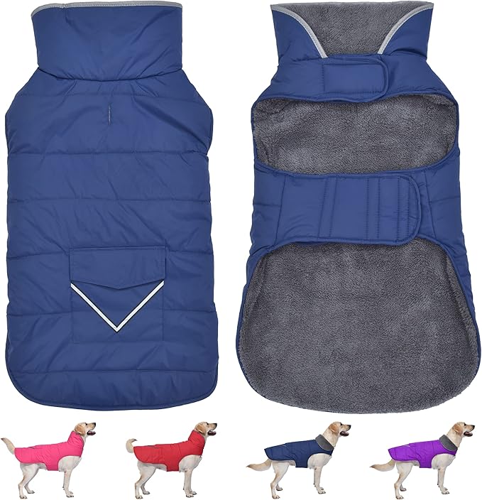 Dog Coat, Waterproof Dog Winter Jacket with Pocket, Reflective Adjustable Pet Snow Vest, Warm Cozy Fleece Sweater for Small Medium Extra Large Dogs - Blue, XS