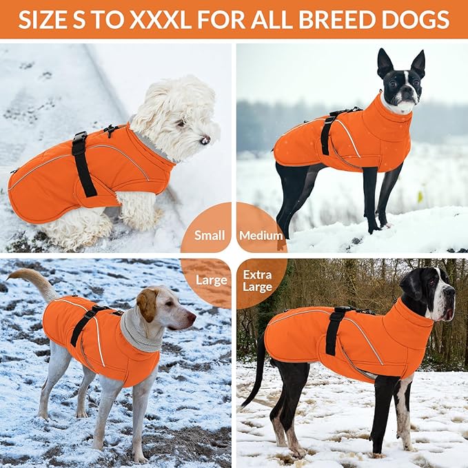Queenmore Winter Dog Coat Warm Dog Jacket Vest Waterproof Puffer Fleece Snowsuit Adjustable Buckle Leash Hole Reflective Cold Weather Parka for Small Medium Large Dogs Girl Boy Orange XXXL