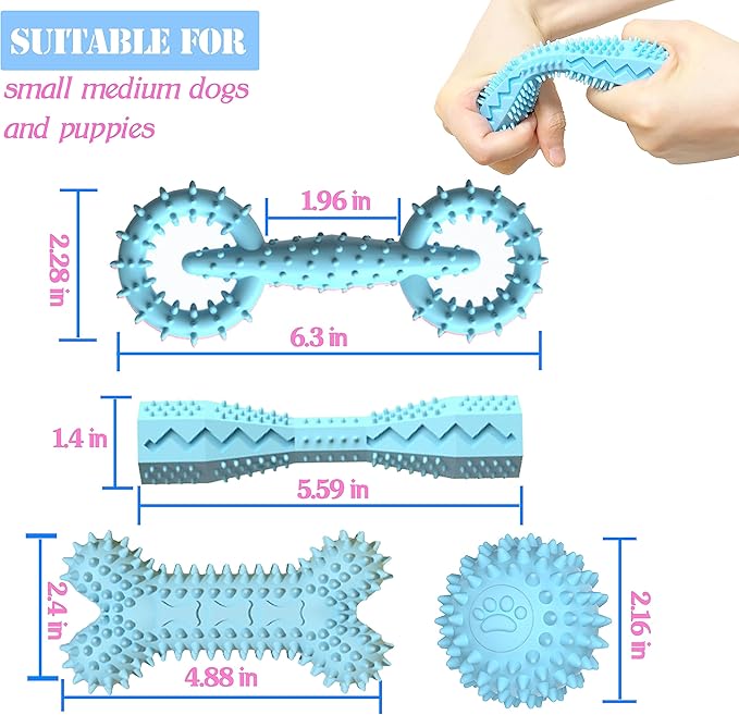 4 Pack Puppy Teething Toys 0-6 Months Dog Chew Toy Cute Rubber Bone,Teeth Clean Ball,Interactive Donut,Treat Dumbbell for Small Dogs(Blue)