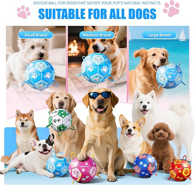 Size 2 Blue Dog Soccer Ball with Straps Eye-Catching Bone and Paw Print Design, Ultra-Durable Training Ball for Pets Interactive Outdoor Dog Toy, Perfect for Small to Medium Puppies