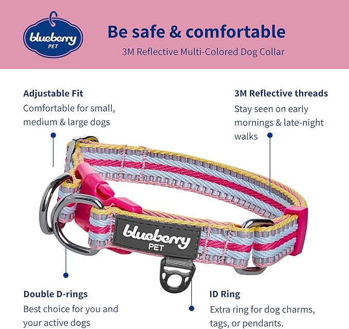 Blueberry Pet Safety Dog Collar with Dual D-Rings | 3M Reflective Multi-Colored Adjustable Collar in Pink and Pastel Blue | Soft Nylon Dog Collar for Active Large Dogs
