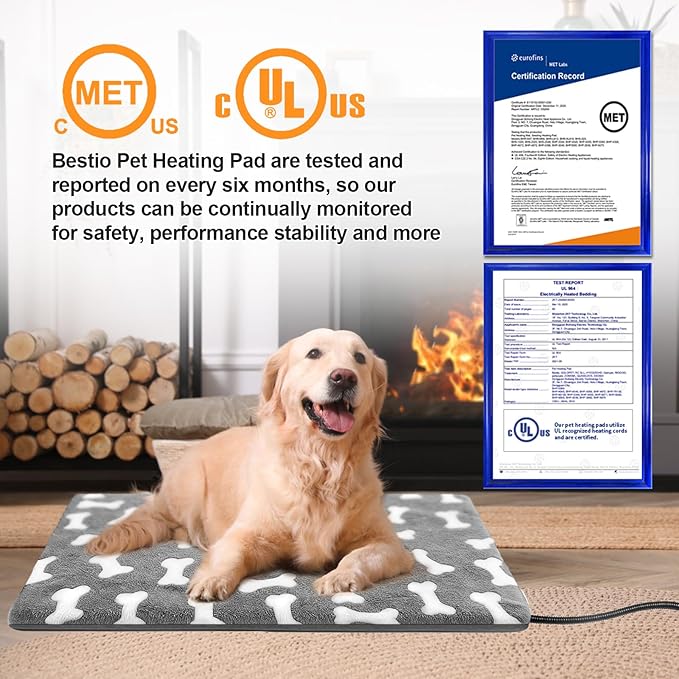 Bestio Dog Heating Pad 28×18 in Upgraded Smart Switch, Added Constant On Function UL&MET Dual Certification Waterproof Heated Dog Cat Bed Anti-bite Wire Rope and Washable Cover - Grey