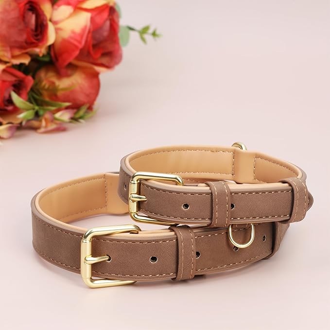 Leather Dog Collar for Small Medium Large Dogs, Soft Padded Dog Leather Collar with Heavy Duty Gold Buckle, Durable & Comfortable for Medium Dogs Daily Walking (Light Brown, M)
