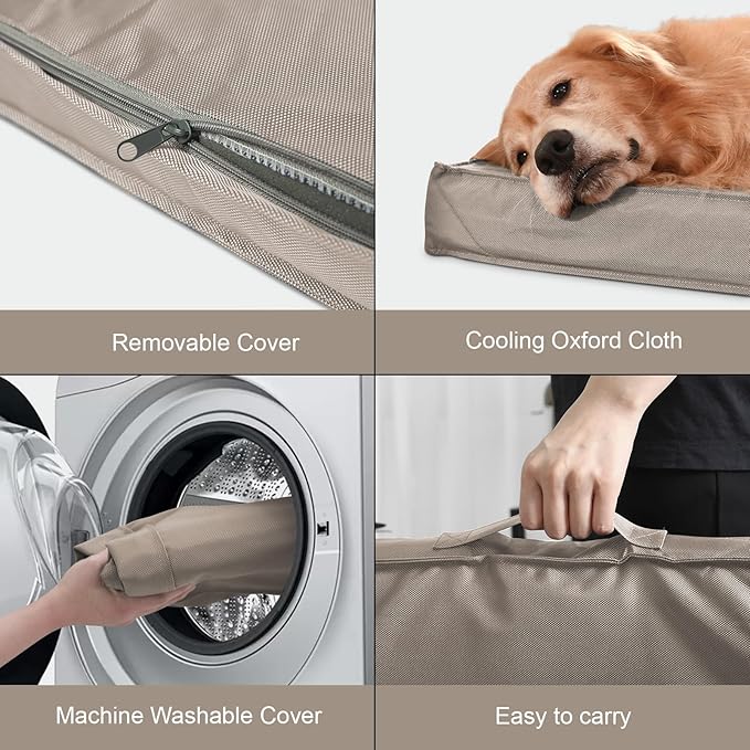 Outdoor Dog Bed for Medium Dogs, Waterproof Dog Crate Mat Orthopedic Egg Crate Foam Pet Bed with Washable Removable Oxford Cover, Khaki
