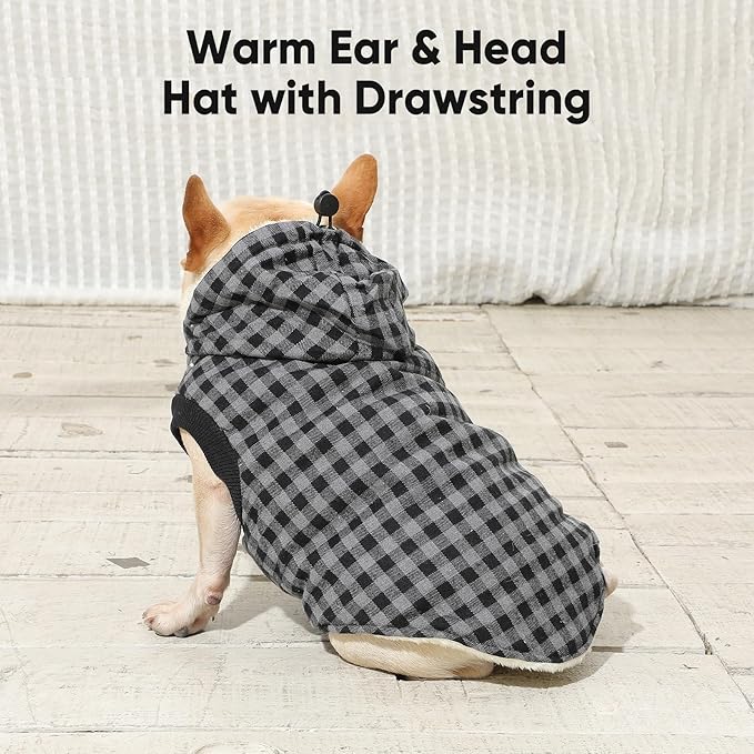 Fleece Lining Dog Hoodie for Large Dogs Extra Warm Plaid Sweater with Drawstring Hooded Coats in Winter Doggie Jacket,Black XXXL