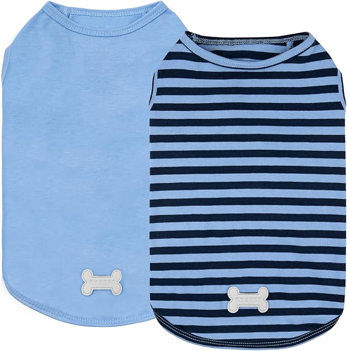 KYEESE 2Pack Dog Shirts Striped T Shirt Soft Tee for Small Dogs Cotton Tank Top Clothes Lightweight Sleeveless Dog Vest, X-Large,Dark Blue+Striped