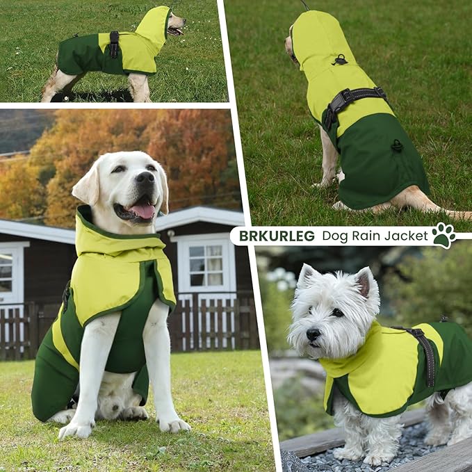 BRKURLEG Dog Raincoat for Small Medium and Large Dogs Waterproof Dog Rain Jacket Adjustable Hooded Dogs Raincoat Pet Rain Coat Poncho with Leash Hole, Reflective Strip, Green, XL