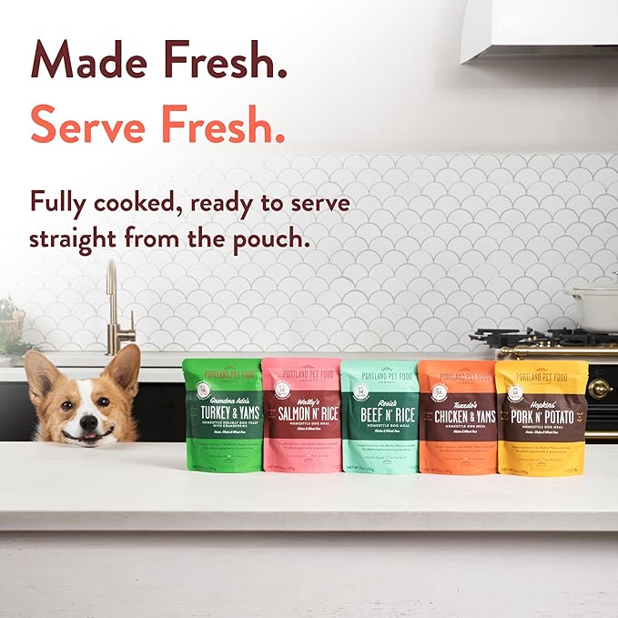 Portland Pet Food Company Fresh Dog Food Pouches - Human-Grade Toppers Wet Pet Meal & Mixers - Gluten-Free Limited Ingredient Tuxedo’s Chicken & Yams - Large & Small Breed Puppy & Senior Dogs - 8 Pack