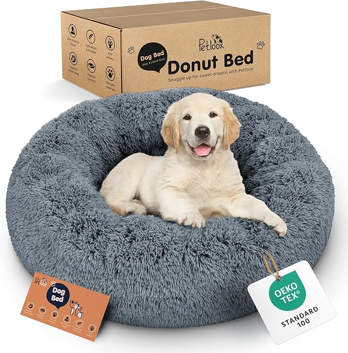 Donut Dog Bed - Premium Comfort for Anxiety Relief - Fluffy & Calming Design with Ultra-Plush Support | Cozy Round Dog Bed with Super Soft Circle Style (Size S Dark Grey)