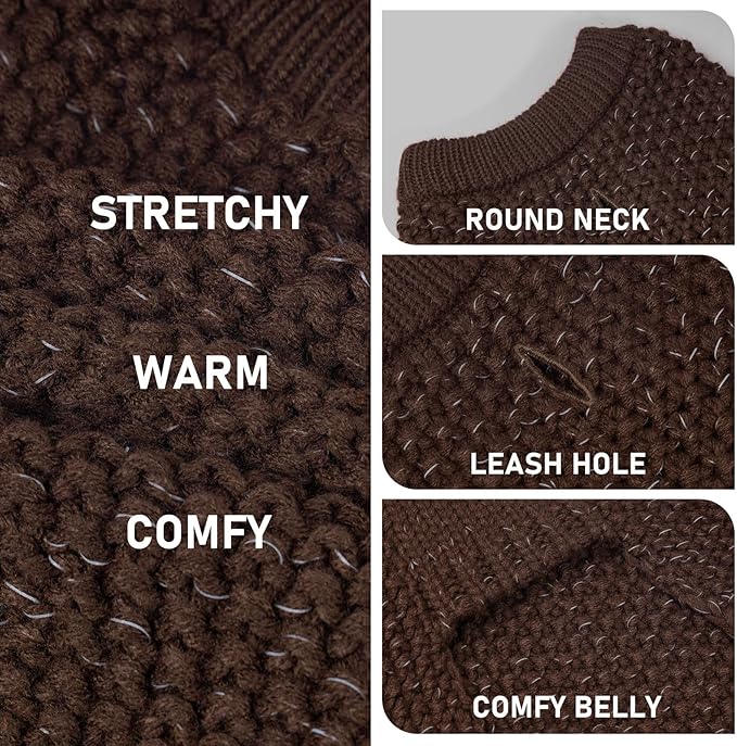 KYEESE Dog Sweater for Large Dogs with Leash Hole Warm Pullover with Reflective Yarn Male Thick Stretchy Knitwear Winter Soft Pet Coat boy for Cold Weather Comfy Dog Sweaters, Khaki, XXX-Large
