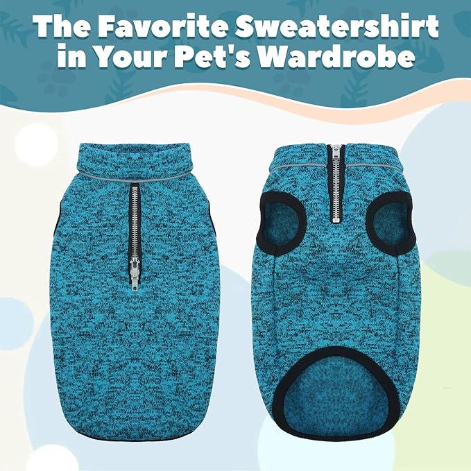 ROZKITCH Dog Sweater for Medium, Knit Jacket with Fleece Lining, Dog Clothes for Medium with Half Zipper Opening for Harness, Adjustable Neck Reflective Pet Jacket Blue L