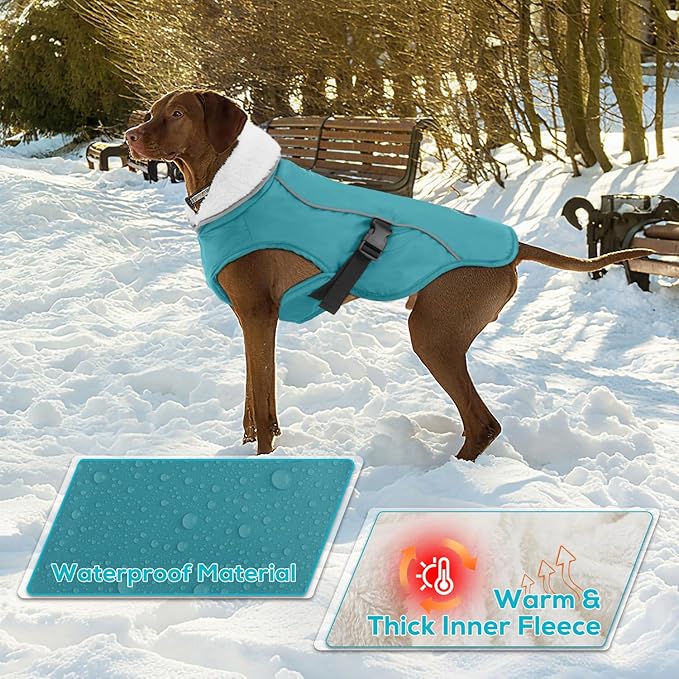 EMUST Dog Coat for Winter, Cozy Winter Jackets for Small/Medium/Large Dogs, Solid Color Dog Apparel for Cold Weather with Fleece Lining, Turquoise, XXXL