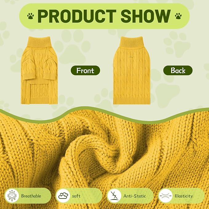 Small Dog Thermal Pullover Sweater, Classic Turtleneck Cable Knitwear Dog Clothes for Cold Weather Warm Pet Clothes for Chihuahua, Bulldog, Dachshund, Pug Yellow Large