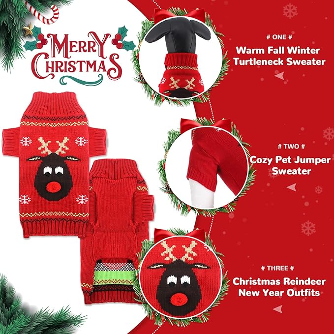PETCARE Dog Christmas Sweater Red Ugly Funny Cute Cartoon Reindeer Cat Sweaters Jumper Holiday Dog Clothes Puppy Sweaters for Small Medium Large Dogs Fall Winter Outfits Xmas Dogs Costume,X-Small