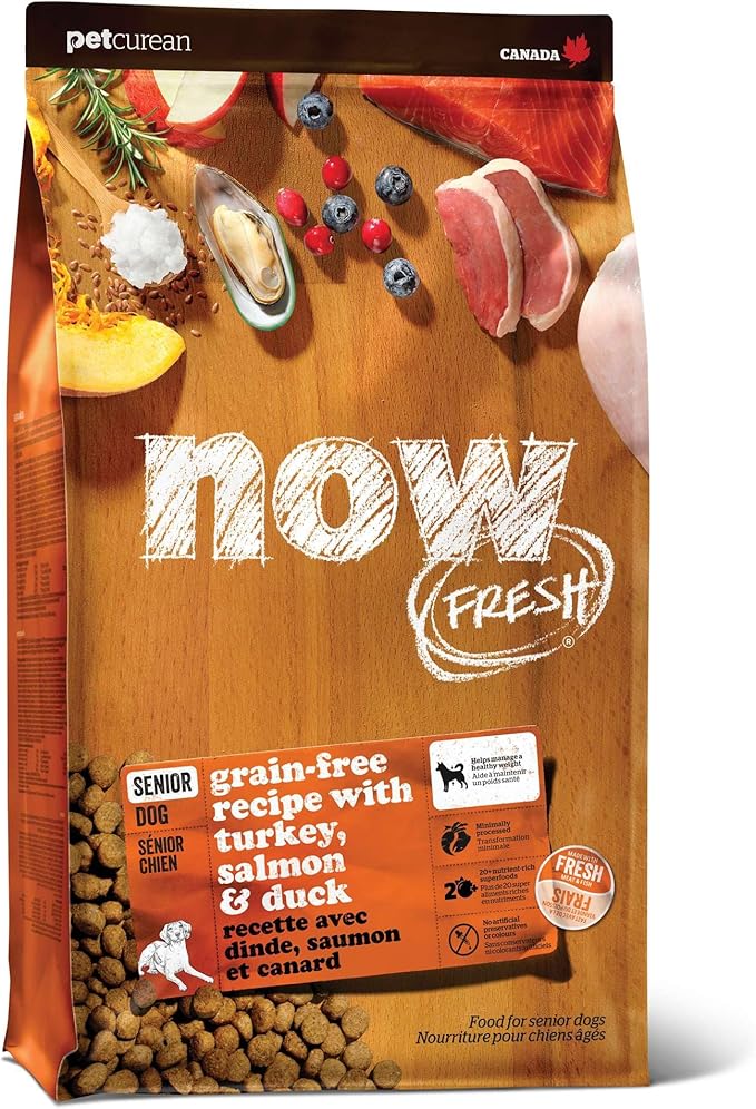 Now Fresh Grain-Free Senior Dry Dog Food with Turkey, Salmon & Duck, Premium Kibble Made with Real Meat & Fish, Chicken-Free Recipe, Glucosamine & Chondroitin for Healthy Joints, 22 lb Bag