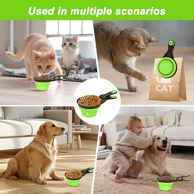 Collapsible Silicone Dog Food Scoop Foldable Pet Food Measuring Cup with Bag Clip 3 in 1 Multi-Function Silicone Dog Food Scooper (Green, Large)