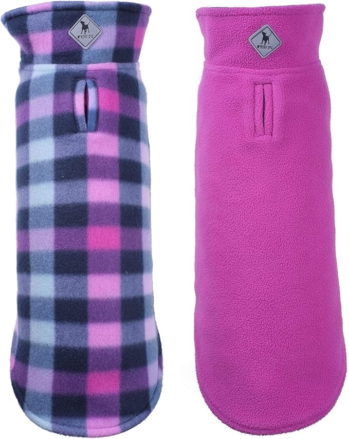 The Worthy Dog Fargo Fleece Check Dog Jacket, Adjustable Reversible with Harness Hole, Wind-Resistant, Winter Outdoor Clothes for Pets, Purple - 8''