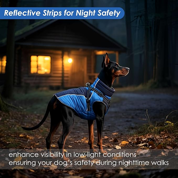 ASENKU Reflective Dog Coat with Built-in Harness, Windproof Fleece-Lined Dog Jacket for Small, Medium, Large Dogs, Warm Winter Vest with Turtleneck & Zipper (Navyblue L)