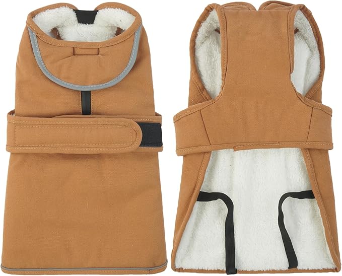 Kuoser Canvas Dog Coat, Warm Dog Jacket Reflective Fleece Pet Cold Weather Coat, Warm Doggie Clothes Waterproof Winter Vest with Zipper Leash Hole for Small Medium Large Dogs, Brown L