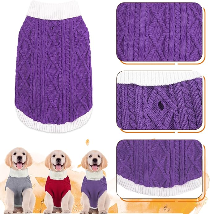 Small Dog Sweaters with Leash Hole Turtleneck Dog Sweaters Knitwear Boys Girls Warm Soft and High Stretch Pet Clothes for Fall Winter，Pet Shirts for Kitten Puppy Purple Large