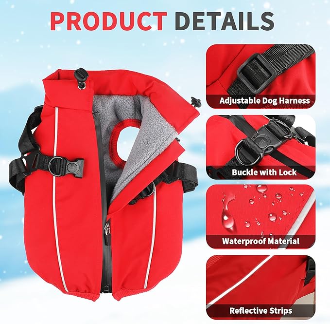 Dog Winter Coat Reflective Water-Resistant Jacket, Fleece Lined Windproof Puppy Coat with Back Zipper & D-Ring, Cold Weather Dog Coats for Small Medium Large Dogs (L, Red)
