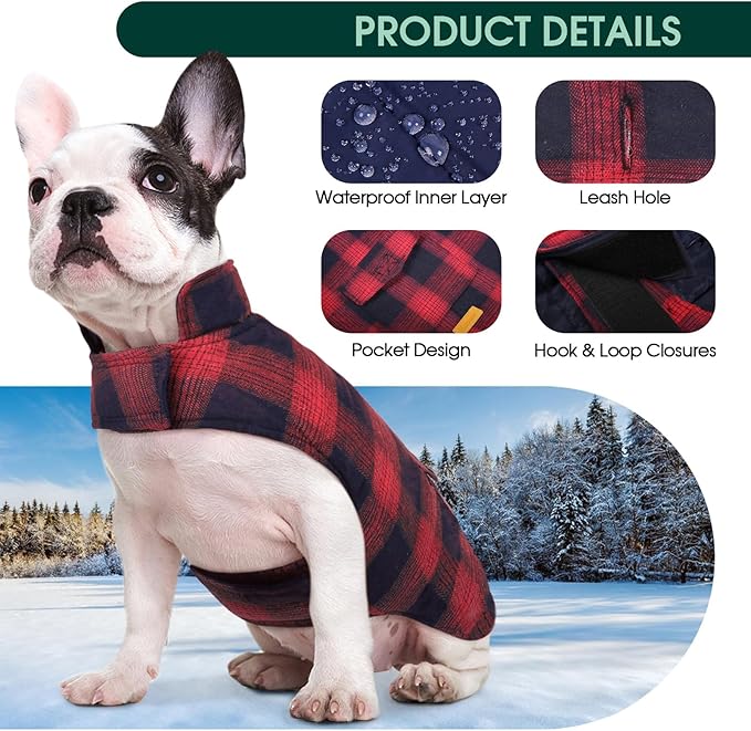 Kuoser Reversible Winter Coat, British Style Jacket for Small Dogs, Warm Windproof Puppy Cold Weather Clothes Vest, Red XS