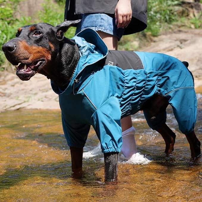 LOVELONGLONG Waterproof Dog Raincoat with Removable Hood – Outdoor Full Body Dog Jacket, Windproof Snowproof Shell Suit – All Season Pet Rain Gear Ocean Teal XL