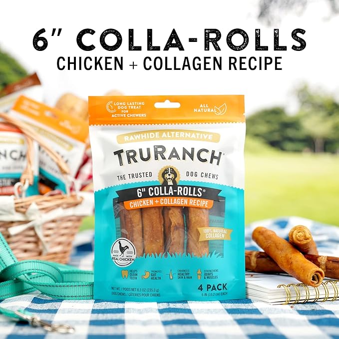TRURANCH Collagen Rolls - 6" Collagen Rolls for Dogs - Long Lasting Healthy Joint Support - Rawhide Alternative - Skin & Coat Health - Made with Real Chicken, Value Pack, 15 Bags, 60 Count